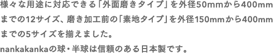 プランターやアクセサリー入れなど、アイデア次第でいろいろな用途に使える半球。引き込まれそうな不思議な美しさを持つ「内・外面とも鏡面仕上げ」と、「外面のみ鏡面仕上げ」の２タイプで、それぞれ外径５０?１５０mの５種類をご用意しました。一個からご注文できます。